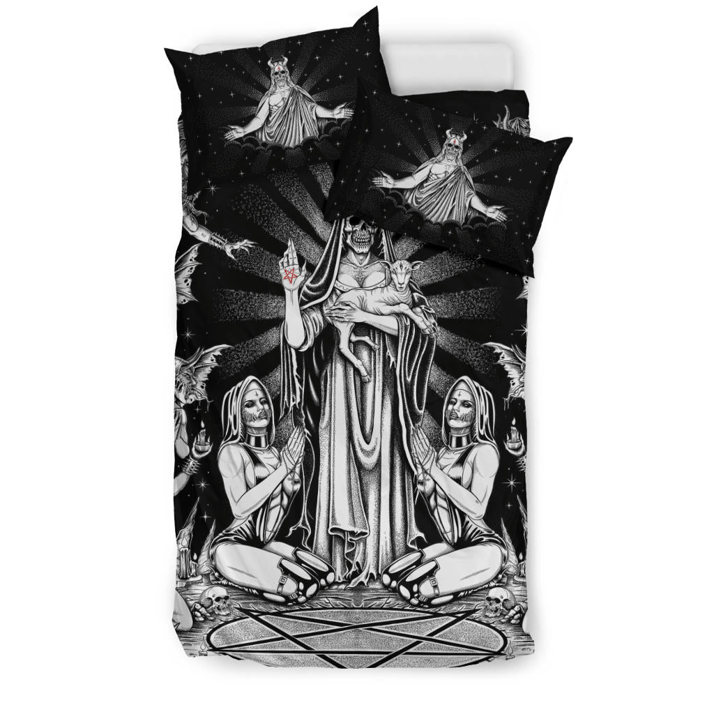 Satanic Pentagram Palm Nun Inverted Cross Forehead Pillows Demon Bombardment 3 piece Duvet Set Black And White