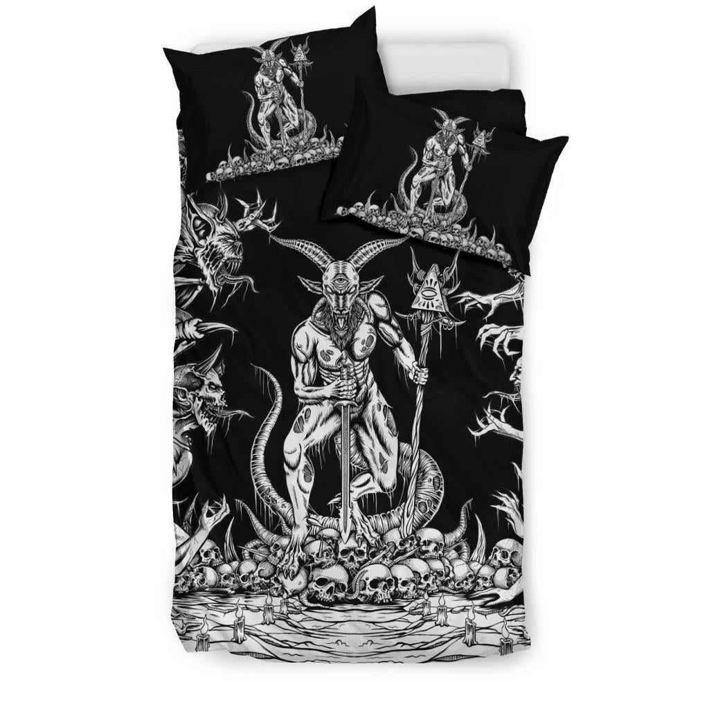 Skull Satanic Malevolent Cyclops Baphomet Goat Demon Onslaught 3 Piece Duvet Black And White