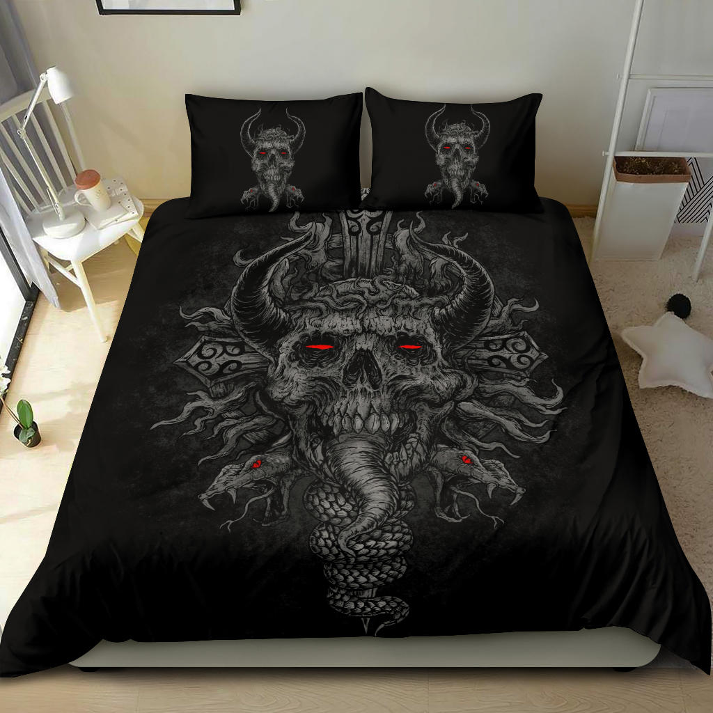 Skull Crowned Demon With Demon Serpents Awesome Grey Red Eye Version 3 Piece Duvet Set