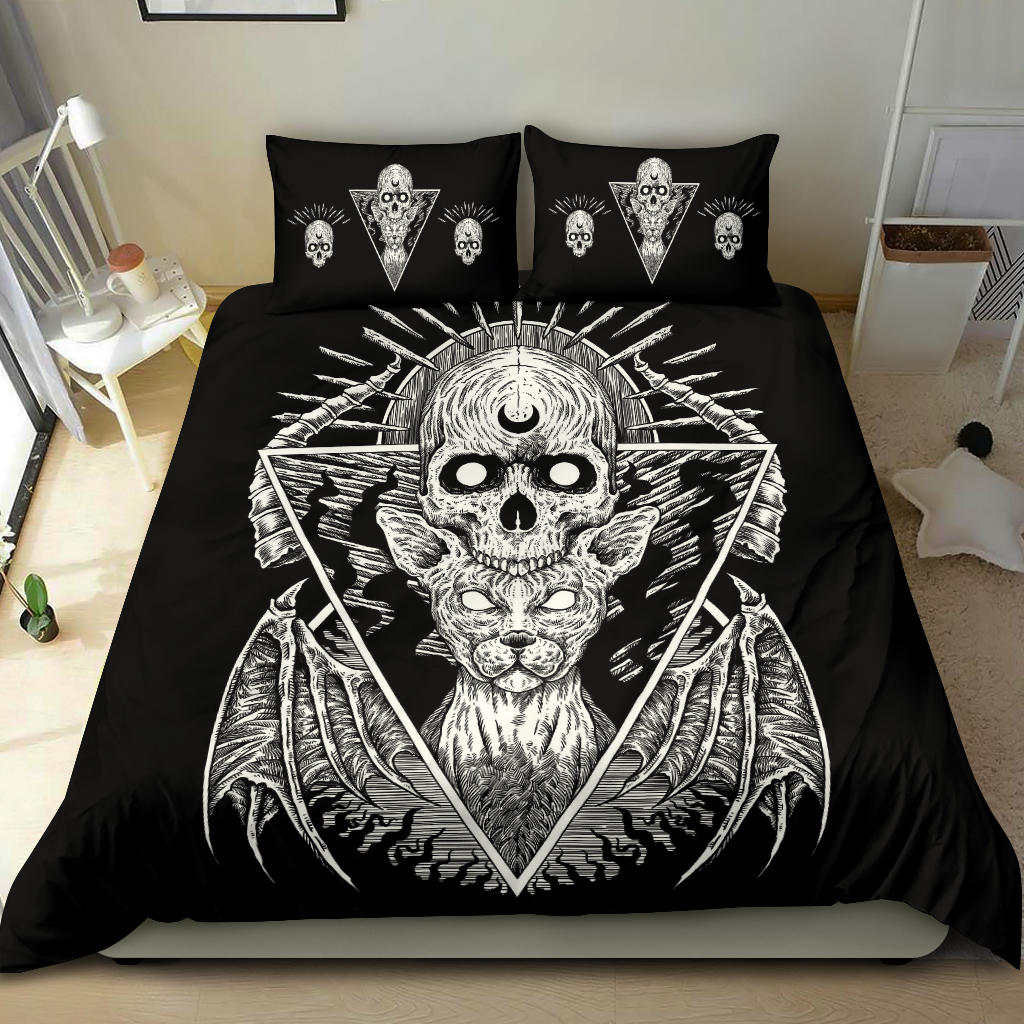 Gothic Skull Cat 3 Piece Duvet Set Skull Cat Pillow Black Version