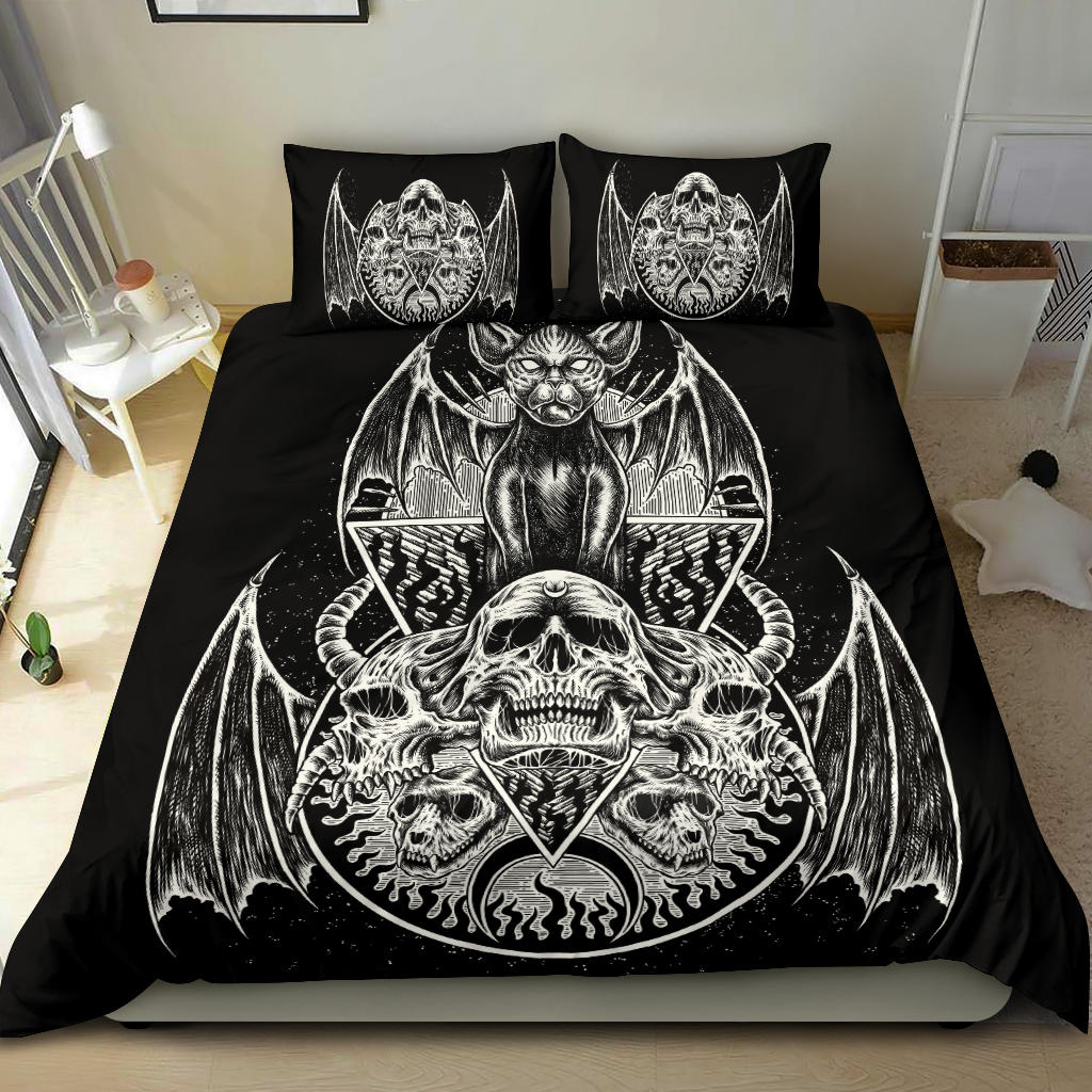 Skull Gothic Bat Wing Demon Cat 3 Piece Duvet Set