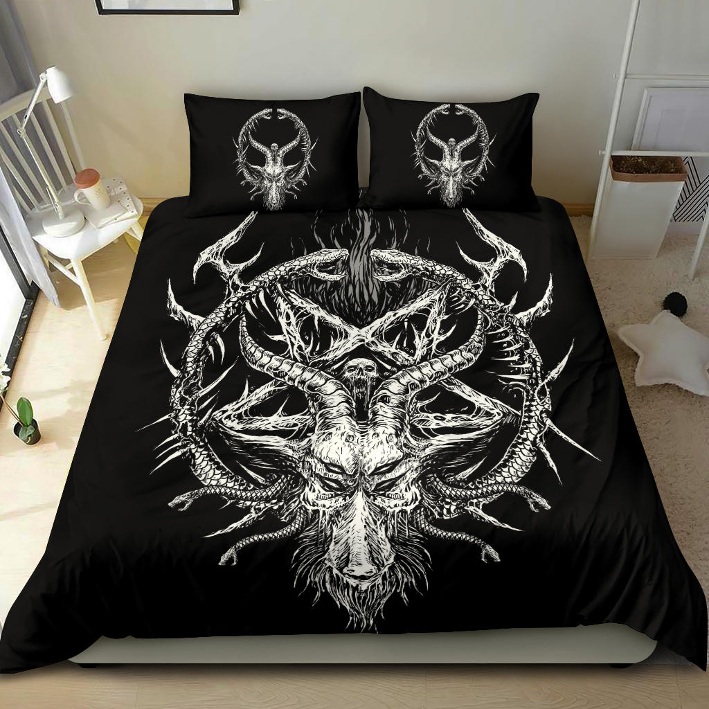 Skull Satanic Pentagram Goat Serpent 3 Piece Duvet Set Black And White Version