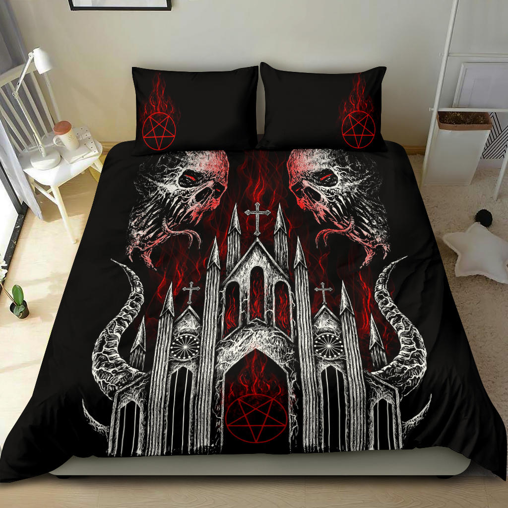 Skull Demon Satanic Pentagram Church 3 Piece Duvet Set Black And White Red Flame Version