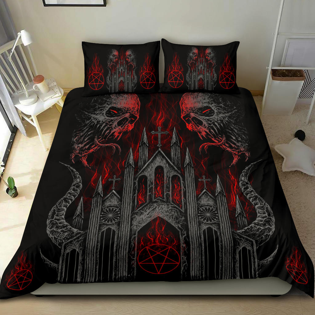 Skull Demon Satanic Pentagram Flame Church 3 Piece Duvet Set Dark Color Version
