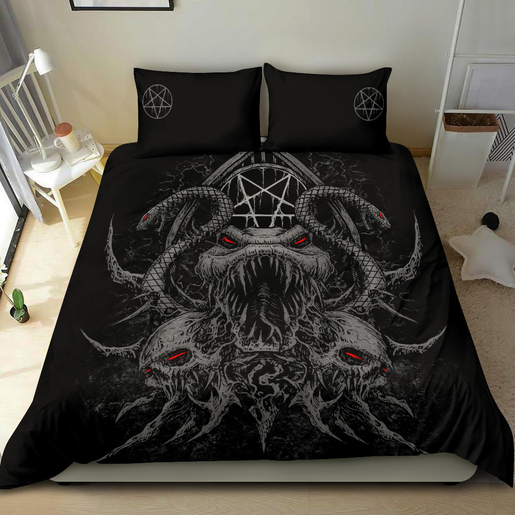 Skull Demon Serpent Satanic Pentagram 3 Piece Duvet Set Killer Grey Red Eye