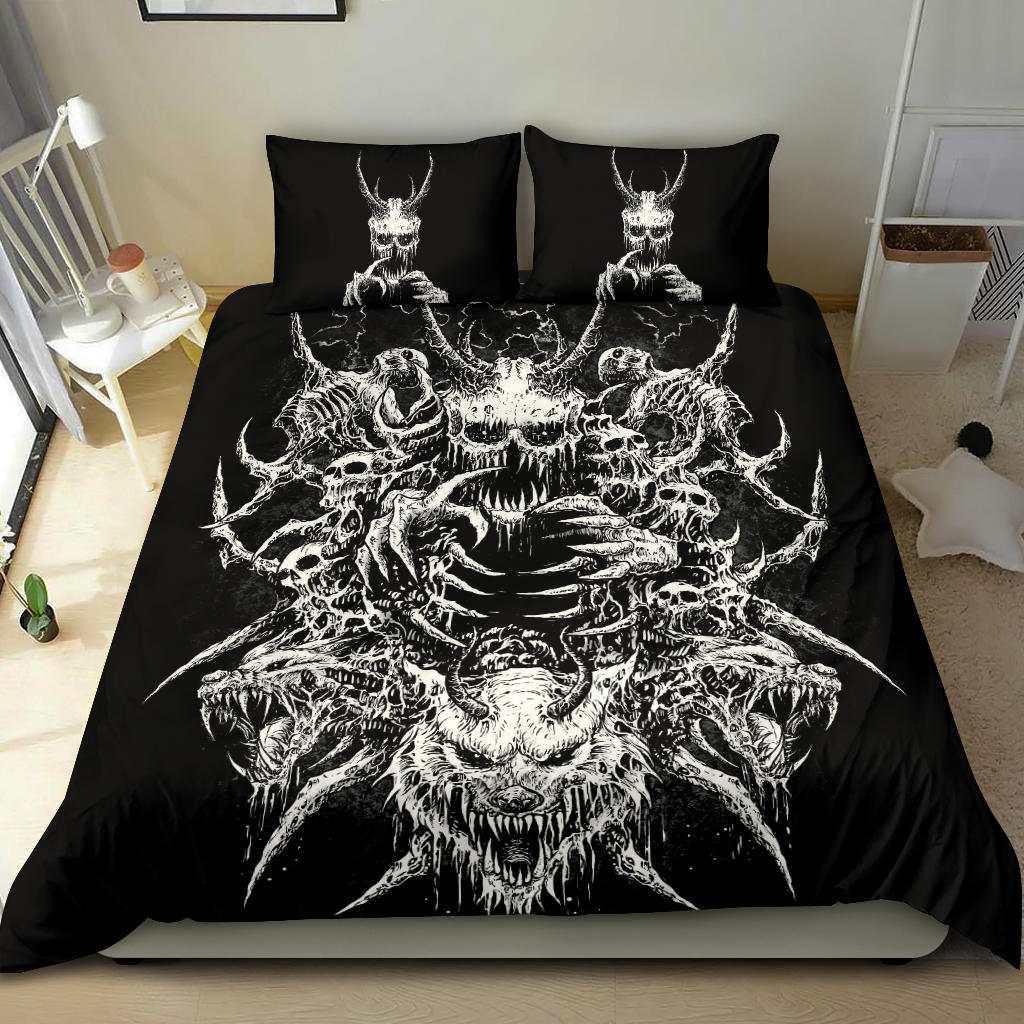 Skull Demon Wolf 3 Piece Duvet Set All Black And White Large Duvet Print Original With Demon Pillow Covers