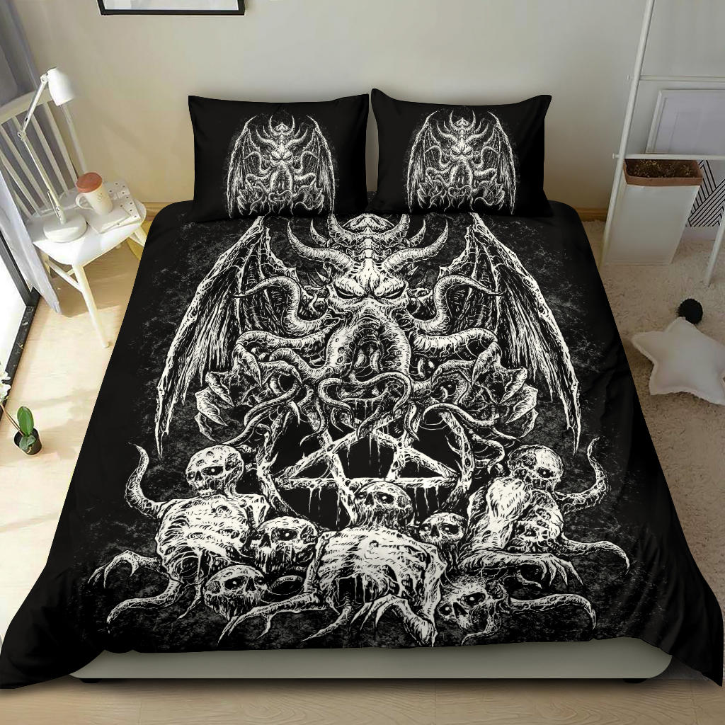 Skull Skeleton Demon Octopus Satanic Pentagram 3 Piece Duvet Set Black And White Version