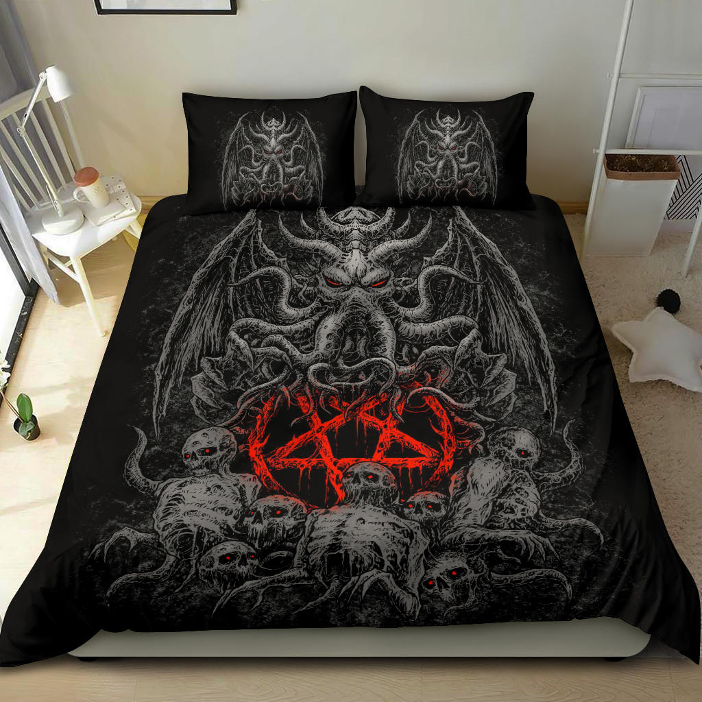 Skull Skeleton Demon Octopus Satanic Pentagram 3 Piece Duvet Set Dark Style Red Pentagram