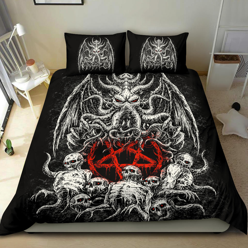 Skull Skeleton Demon Octopus Satanic Pentagram 3 Piece Duvet Set Black And White Red