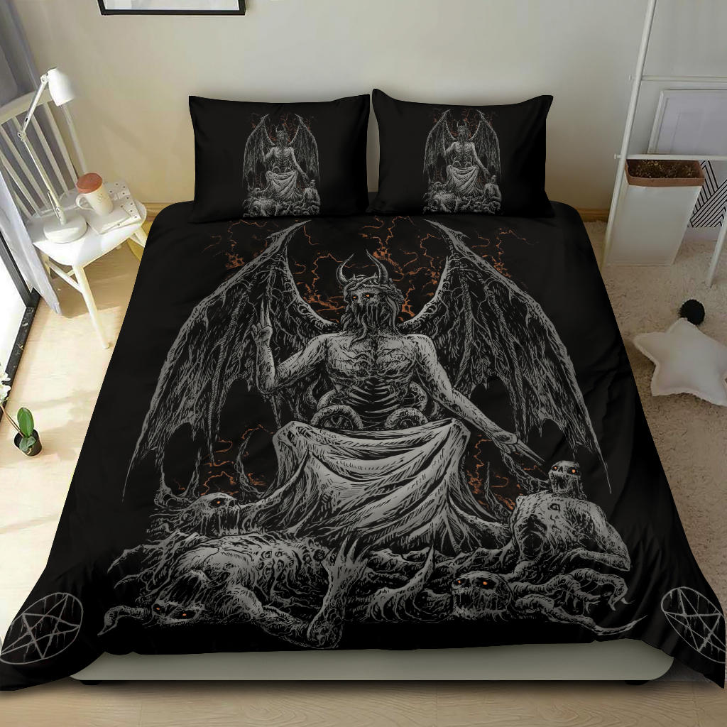 Skull Skeleton Winged Demon God Satanic Pentagram 3 Piece Duvet Set Dark Version