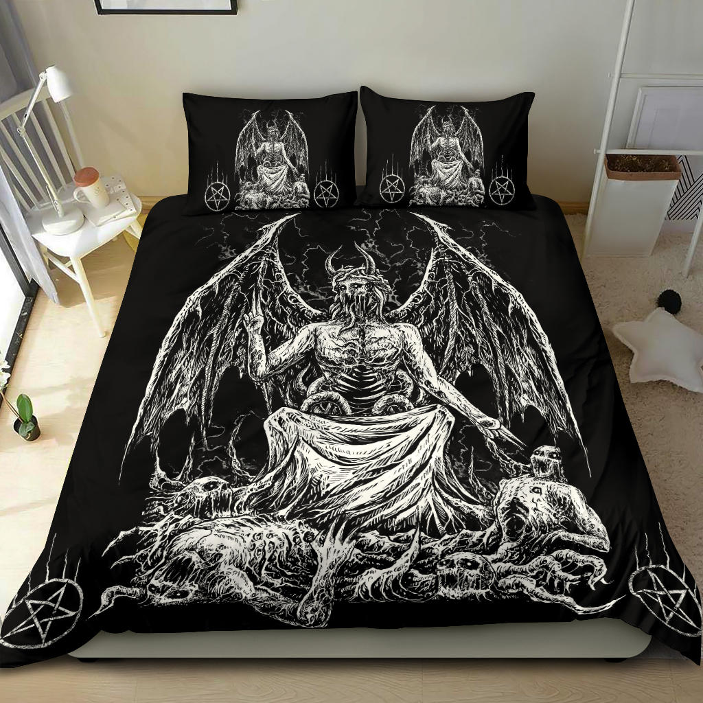 Skull Skeleton Satanic Demon God Satanic Pentagram 3 Piece Duvet Set Black And White