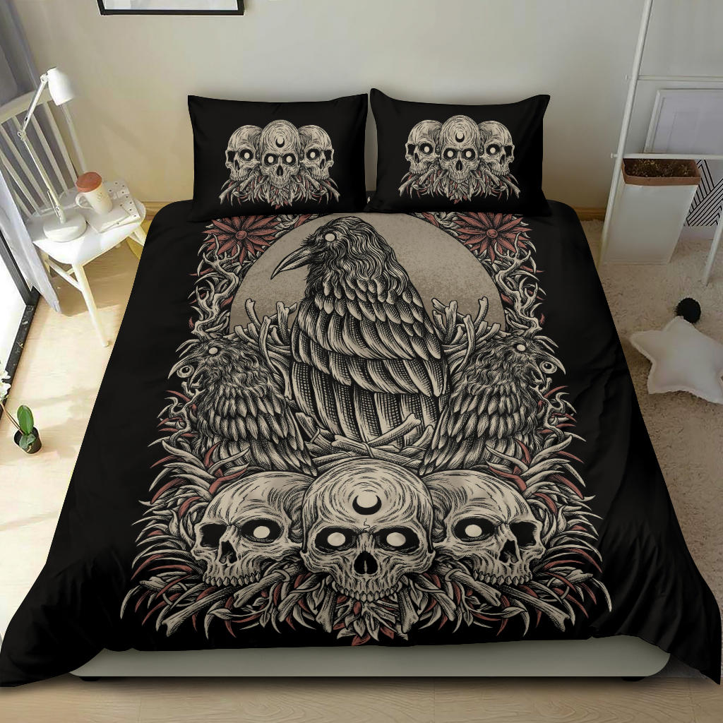 Skull Goth Occult Crow 3 Piece Duvet Set Color Color Version