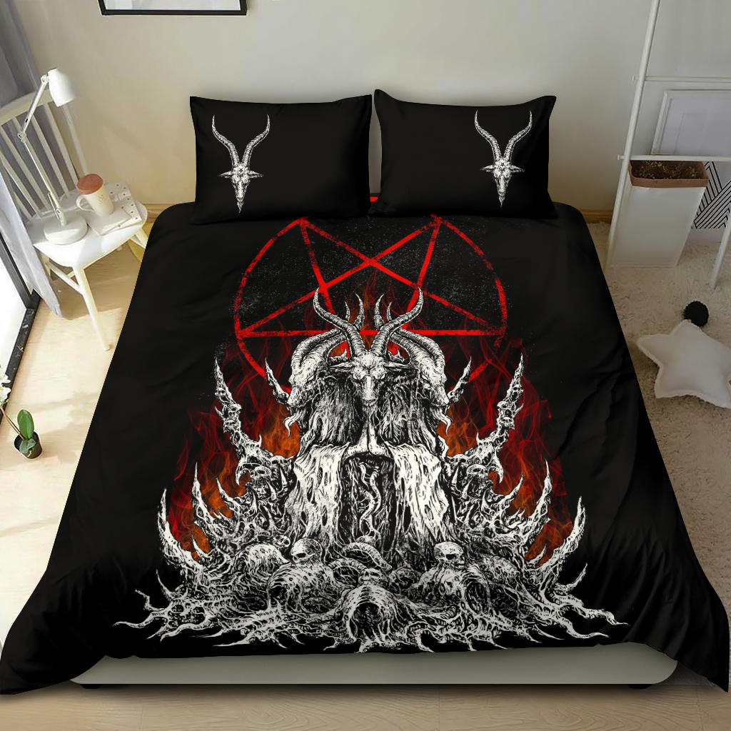 Skull Skeleton Satanic Goat Satanic Pentagram Flame 3 Piece Duvet Set With Large Pentagram Goat Head Pillow Covers