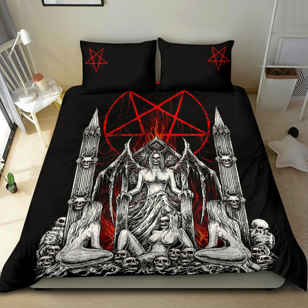 Skull Satanic Pentagram Demon Lust Throne 3 Piece Duvet Set Black And White Red