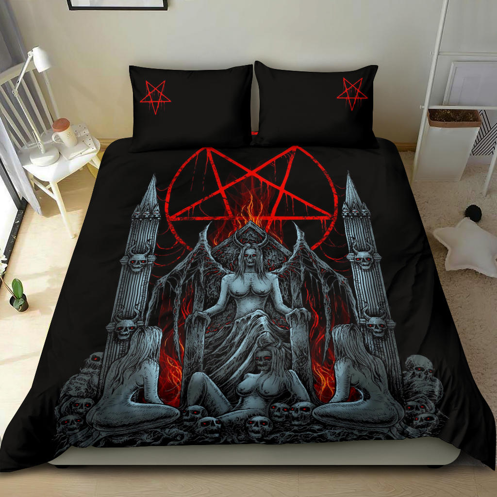 Skull Satanic Pentagram Flame Lust Throne 3 Piece Duvet Set Color Version