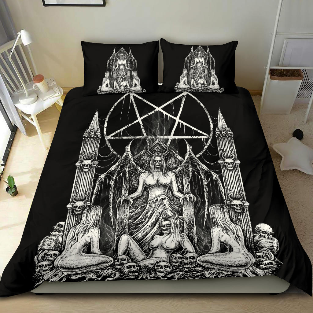 Skull Satanic Pentagram Lust Throne 3 Piece Duvet Set Black And White Throne Pillow Version