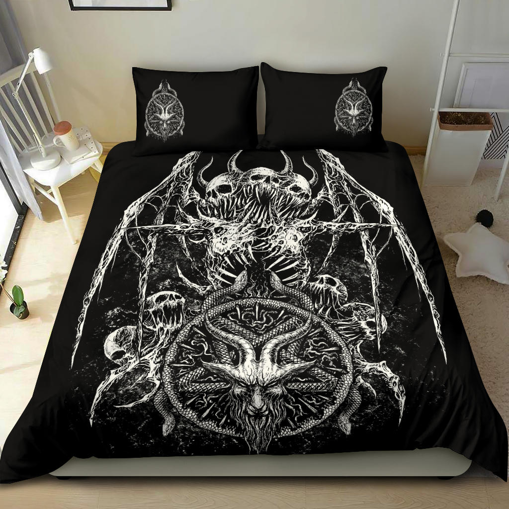 Skull Satanic Goat Satanic Pentagram Serpent 3 Piece Duvet Set Black And White