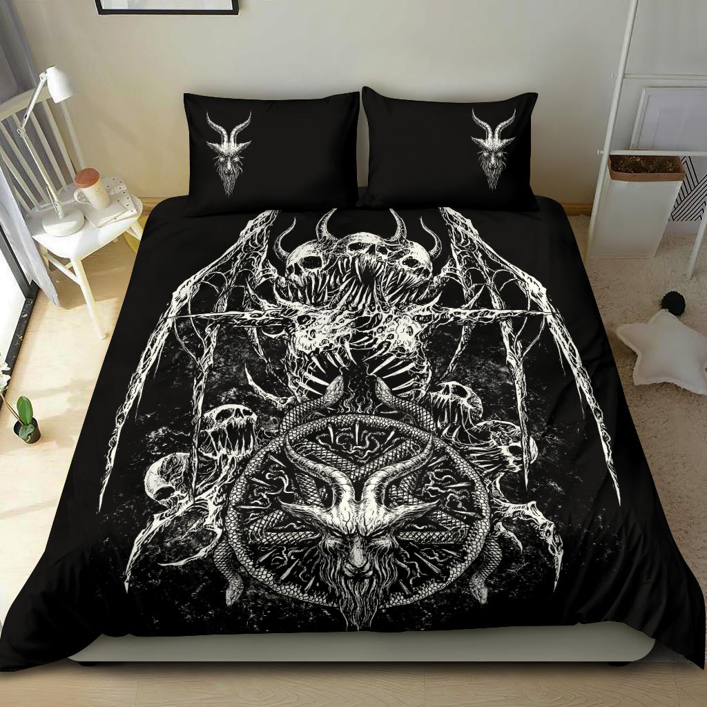 Skull Bat Wing Satanic Goat Satanic Pentagram Serpent 3 Piece Duvet Set Black And White Goat Head Pillow Version