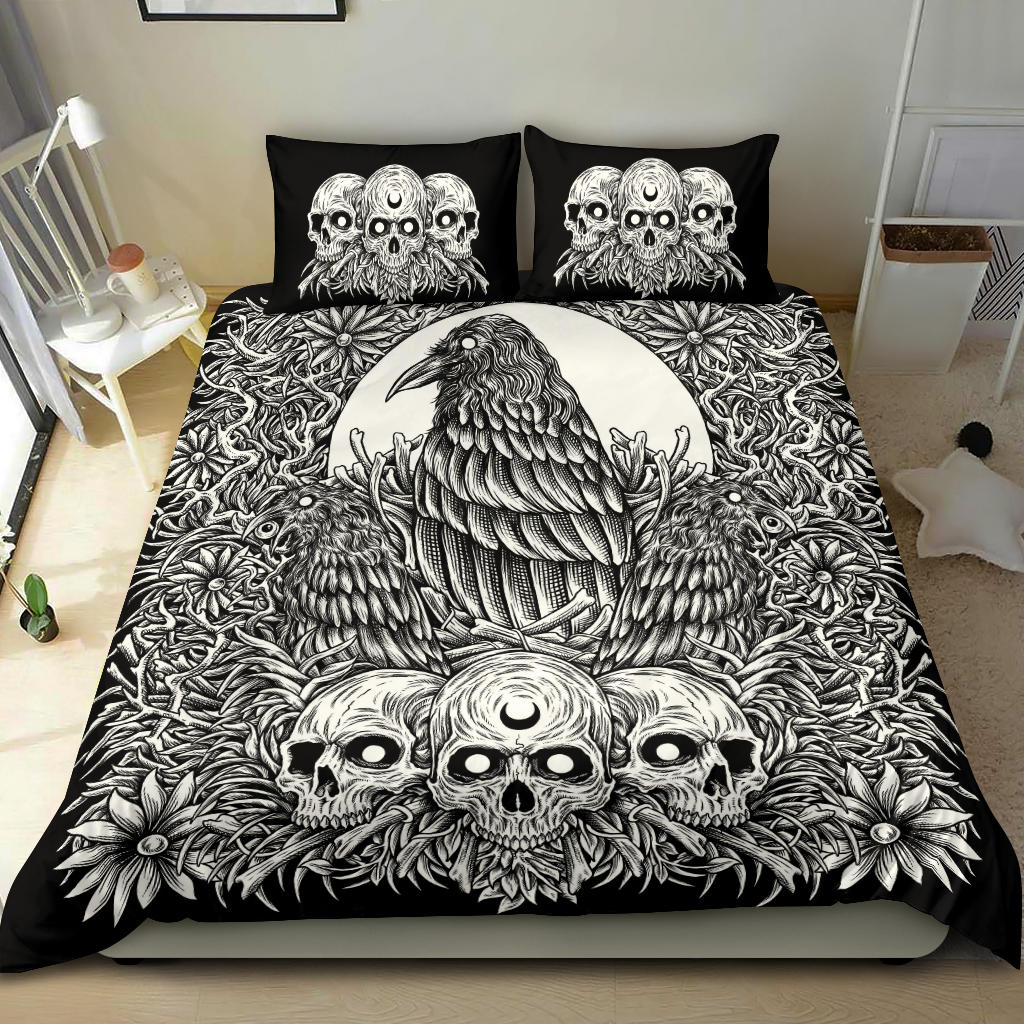 Skull Gothic Occult Crow 3 Piece Duvet Set Black And White