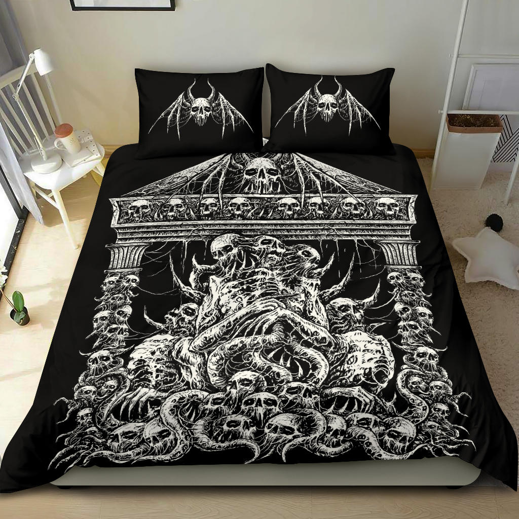 Skull Skeleton Bat Wing Skull 3 Piece Duvet Set Black And White