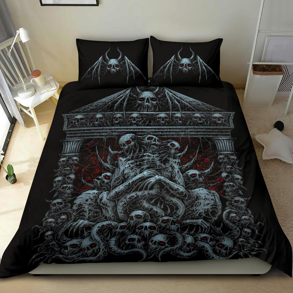 Skull Skeleton Demon Bat Skull Death Shrine 3 Piece Duvet Set Color Version