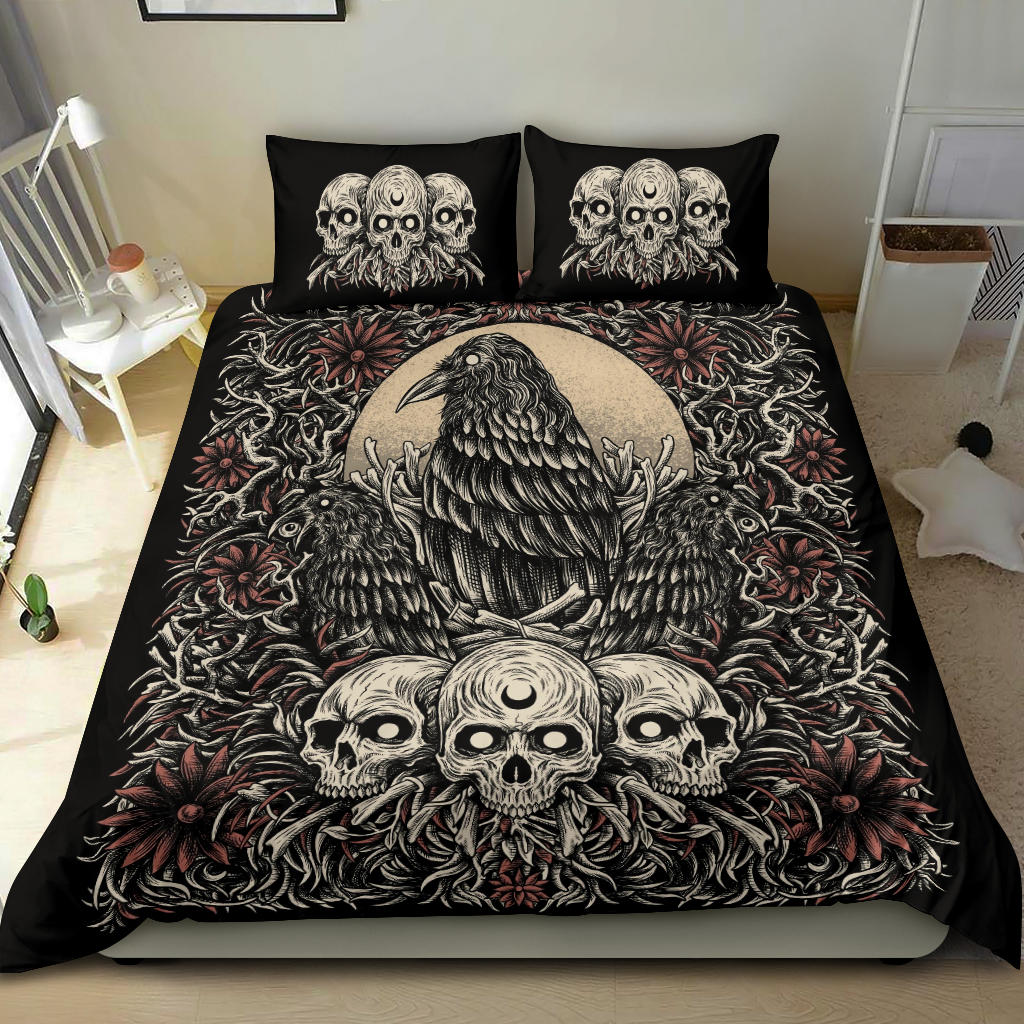 Skull Gothic Occult Crow Eye New Dark Color White Skull Version 3 Piece Duvet Set