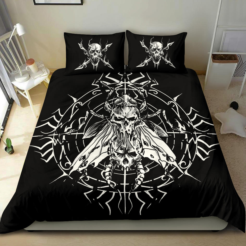 Skull Gothic Evil Fly 3 Piece Duvet Set Black And White