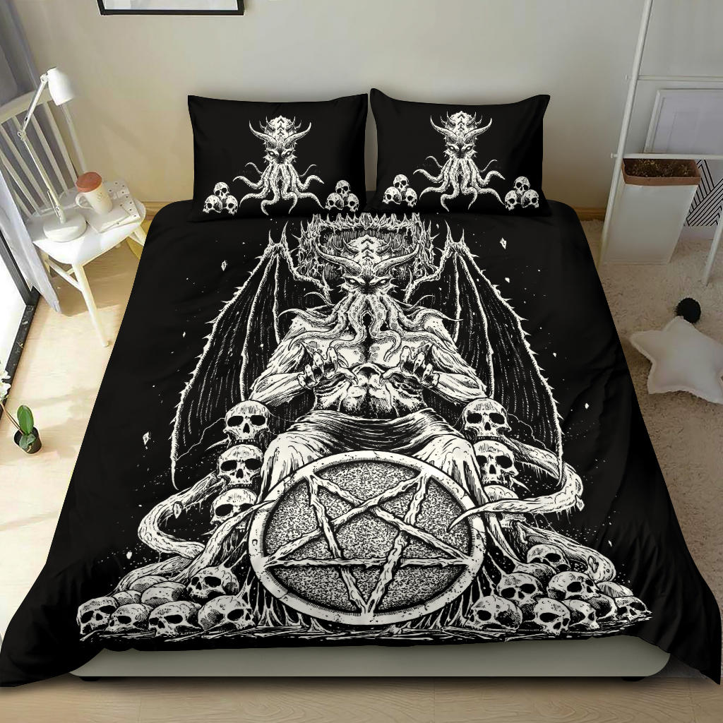 Skull Satanic Pentagram Demon Octopus Skull Throne 3 Piece Duvet Set