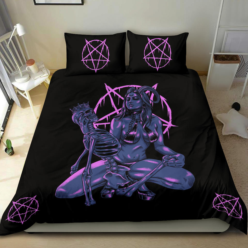 Skull Satanic Pentagram Occult Demon 3 Piece Duvet Set Sexy Wild Blue Pink