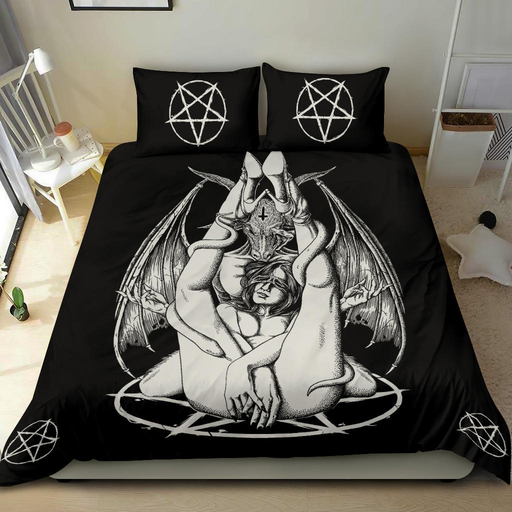 Satanic Pentagram Satanic Cross Serpent Bat Wing Demon Inception 3 Piece Duvet Set Black And White