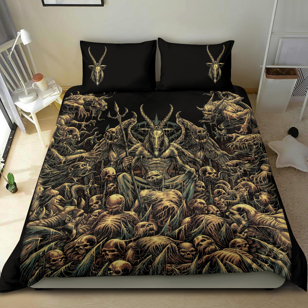 Skull Winged Satanic Goat Demon Zombie Galore Throne 3 Piece Duvet Set Color