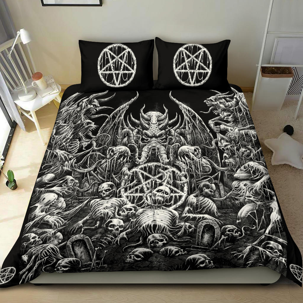 Skull Demon Satanic Pentagram Cthulhu 3 Piece Duvet Black And White