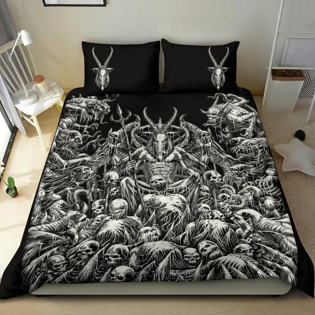 Skull Satanic Pentagram Winged Satanic Goat Demon Zombie Galore Throne 3 Piece Duvet Set Black And White