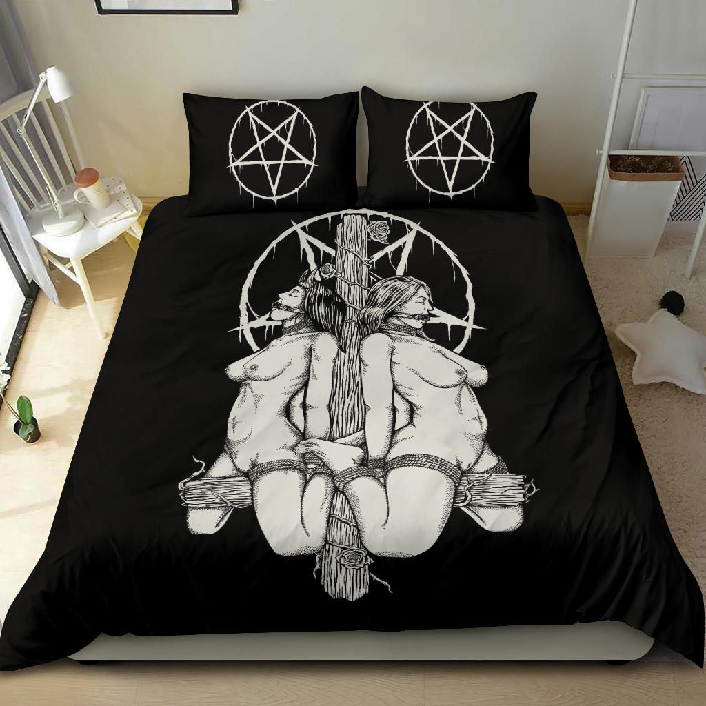 Satanic Pentagram Satanic Cross Been Caught Lying 3 Piece Duvet Set Black And White