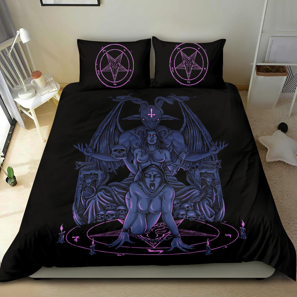 Skull Baphomet Serpent Satanic Pentagram Demon Inception Throne 3 Piece Duvet Set Sexy Blue Pink