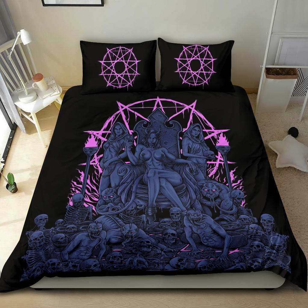 Skull Demon Serpent Flesh Gluttony Throne 3 Piece Duvet Set Sexy Blue Pink