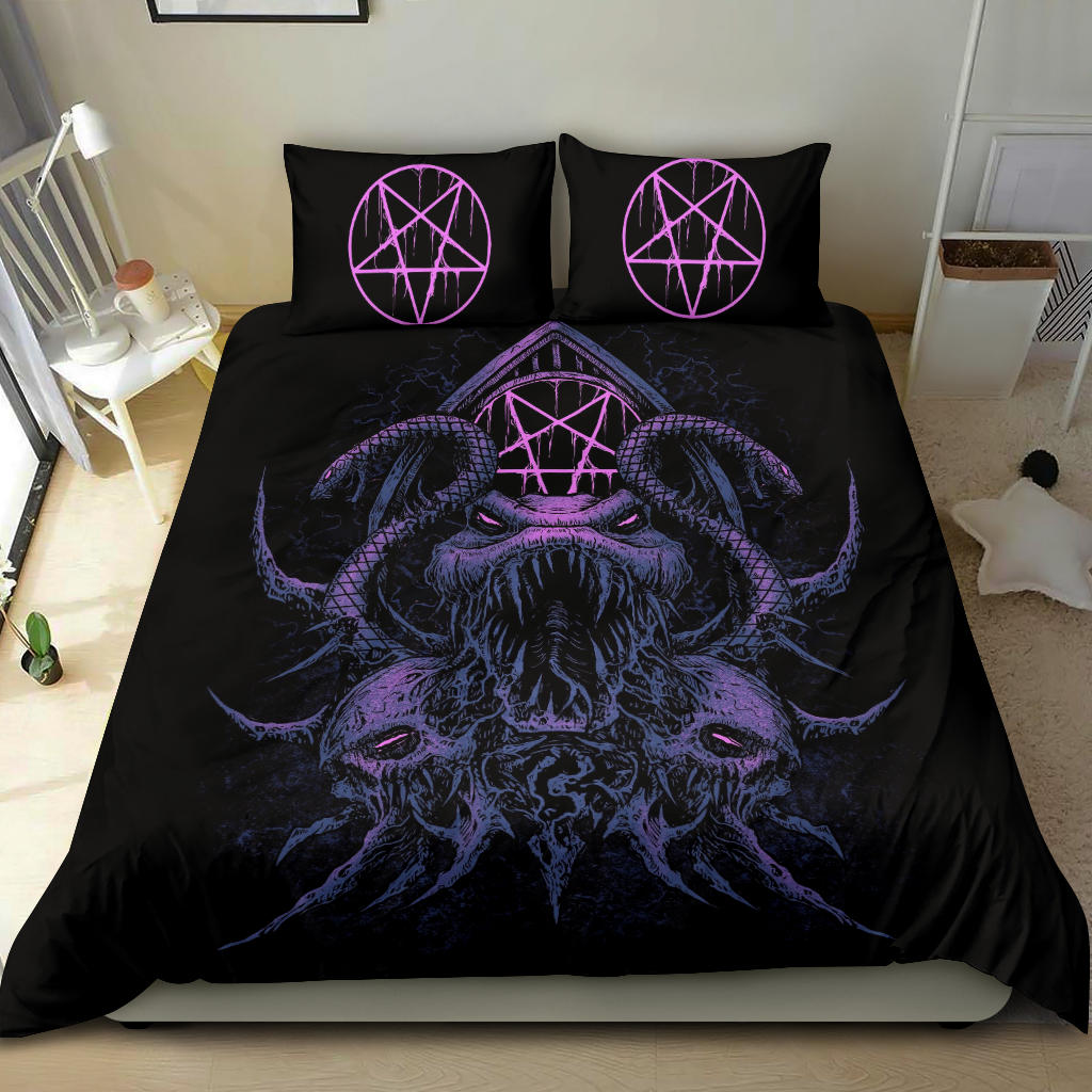 Skull Demon Serpent Satanic Pentagram 3 Piece Duvet Set Night Blue Pink Tint