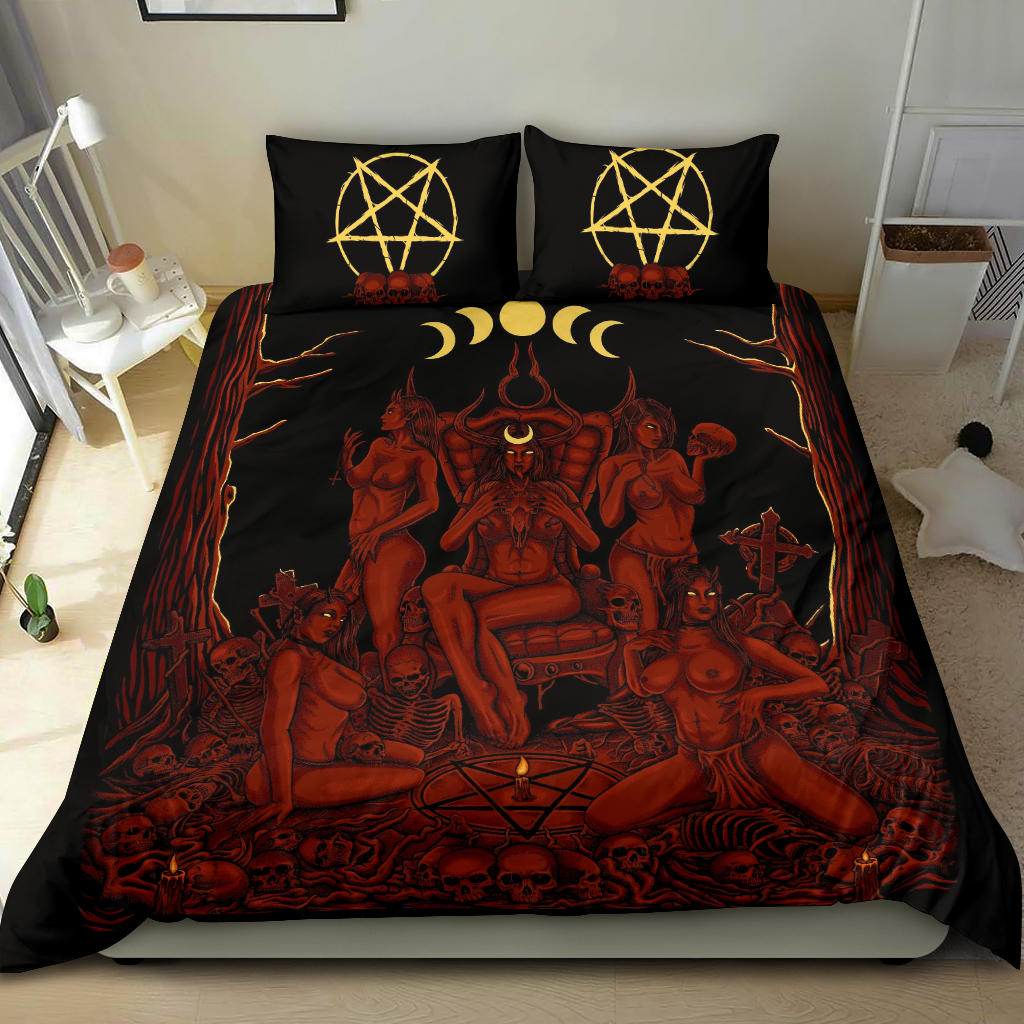 Skull Demon Satanic Pentagram Sexy Witch Throne 3 Piece Duvet Set New Red