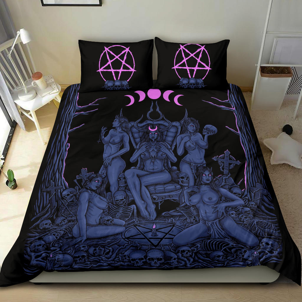 Skull Demon Satanic Pentagram Sexy Witch Throne 3 Piece Duvet Set New Erotic Blue Pink