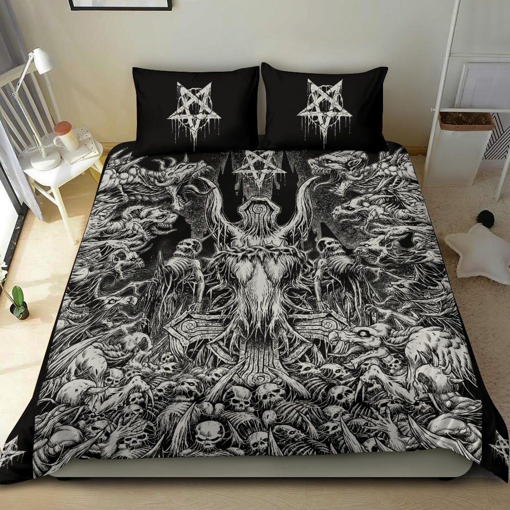 Skull Inverted Cross Crowned Goat Impaled Skeleton Demon Church Blitzkrieg 3 Piece Duvet Set Black And White