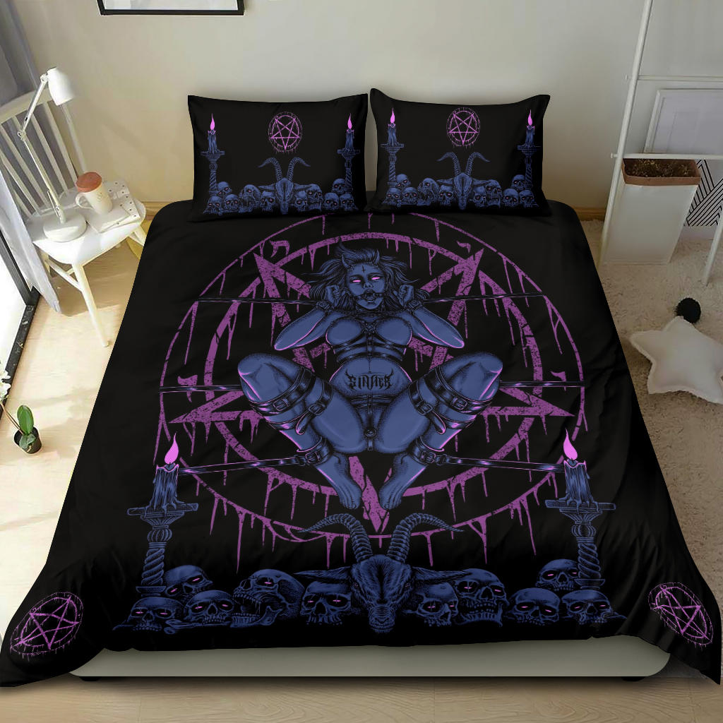 Skull Demon Satanic Baphomet Goat Satanic Pentagram Chained To Sin And Lovin It 3 Piece Duvet Set Erotic Blue Pink