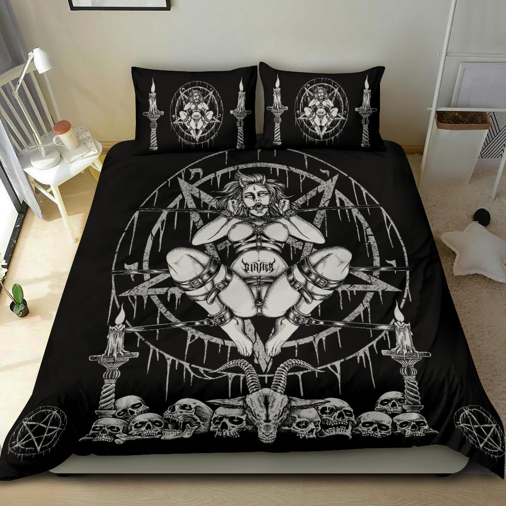 Skull Demon Satanic Baphomet Goat Satanic Pentagram Chained To Sin And Lovin It 3 Piece Duvet Set Black And White