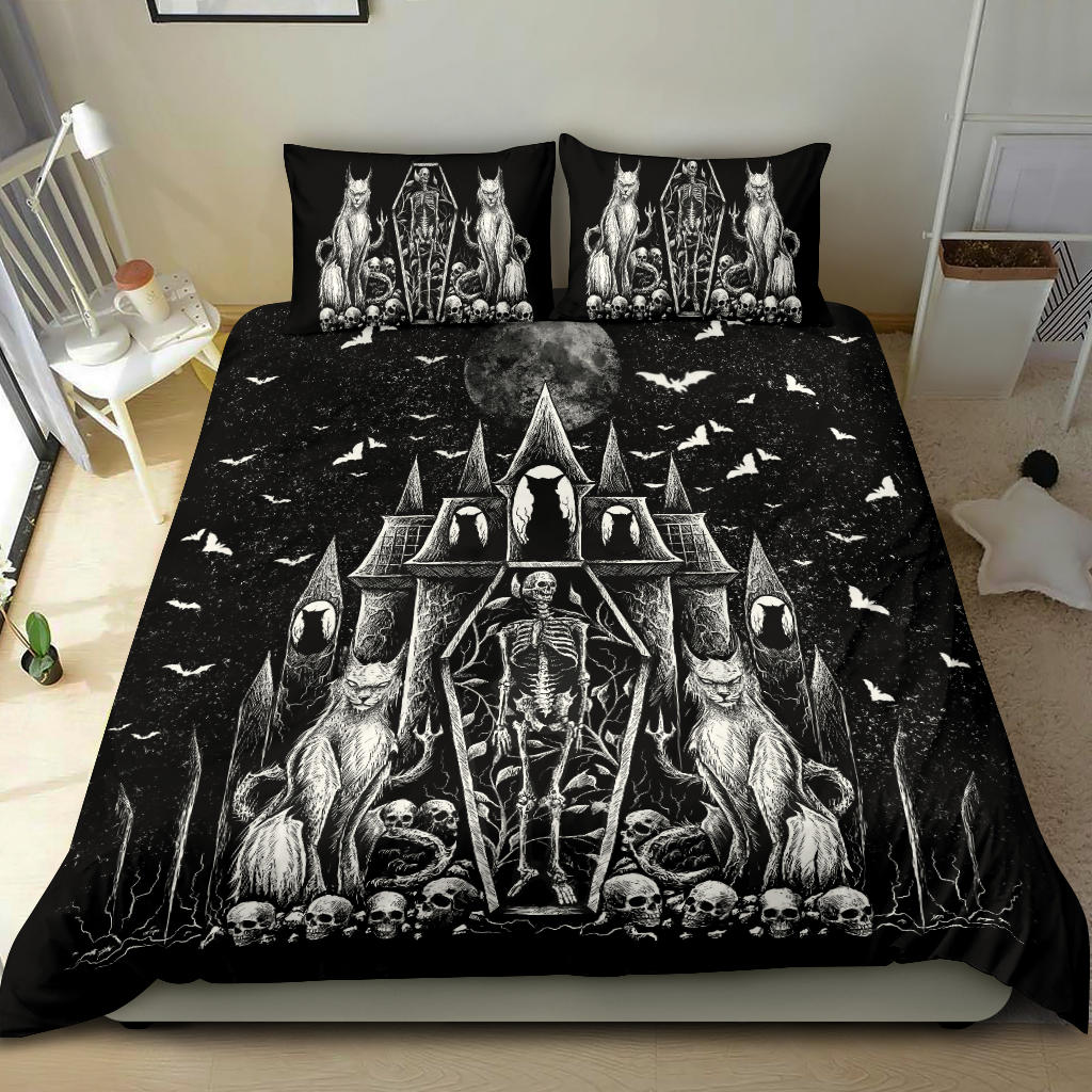 Skull Gothic Cat Skeleton Coffin Gothic Wicked Bat Night House 3 Piece Duvet Set