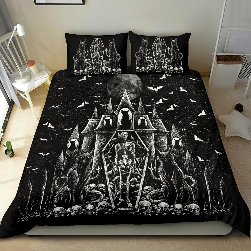 Skull Gothic Cat Skeleton Coffin Gothic Wicked Bat Night House 3 Piece Duvet Set Black Cat Version