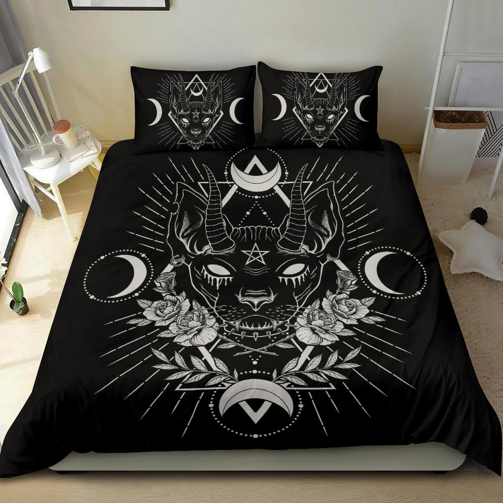 Gothic Occult Black Cat Unique Sphinx Style 3 Piece Duvet Set Awesome Demonic White Eye Black Cat Version