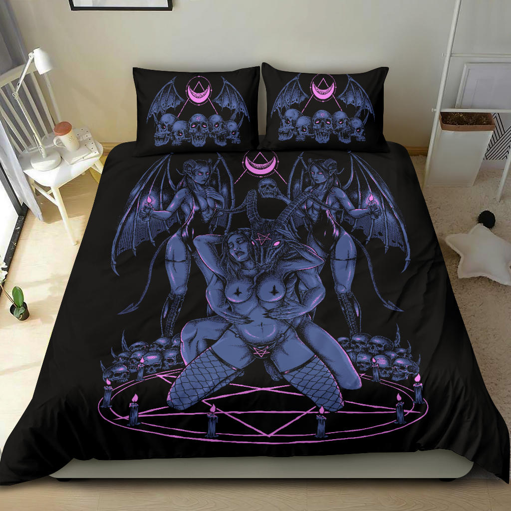 Skull Baphomet Erotic Revel In Freedom And Realize It Throne 3 Piece Duvet Set Sexy Blue Pink