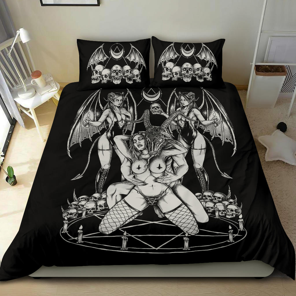 Skull Baphomet Erotic Revel In Freedom And Realize It Throne 3 Piece Duvet Set  Black And White