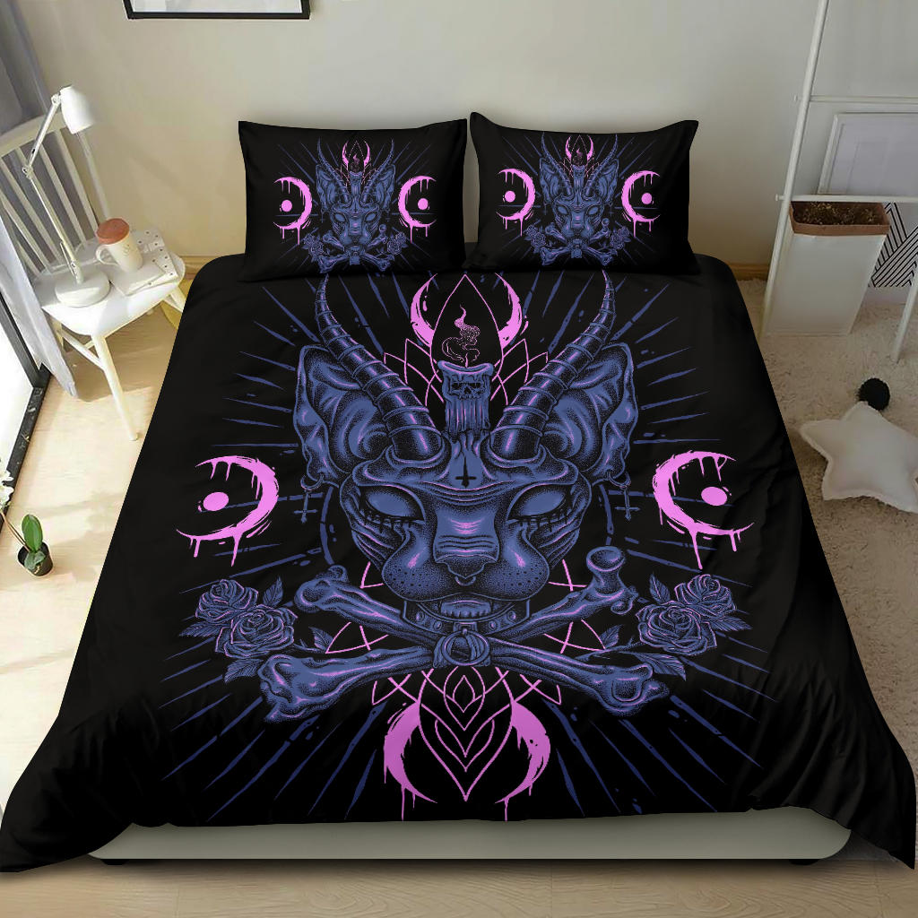 Skull Gothic Occult Black Cat Unique Sphinx Style Part 2-3 Piece Duvet Set Inverted Cross Version Awesome Demonic Eye