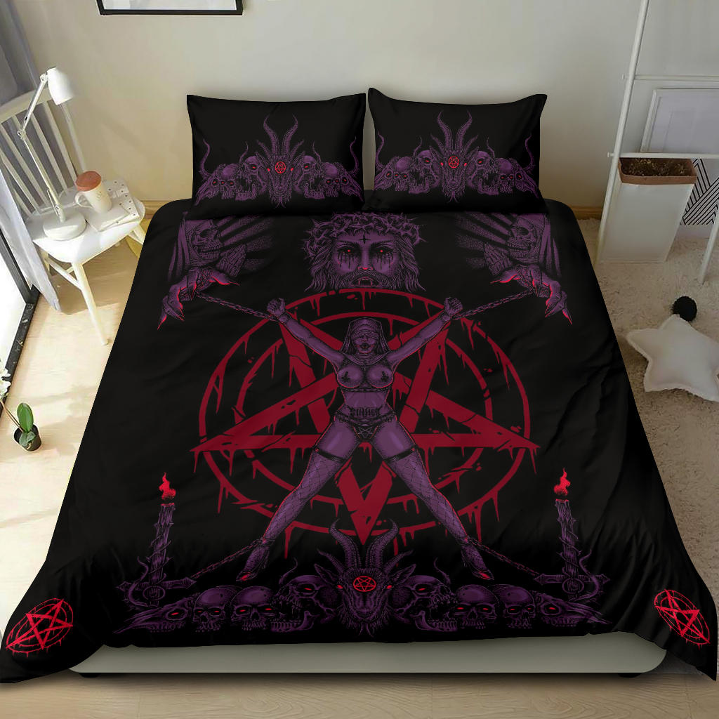 Skull Satanic Pentagram Demon Chained To Sin And Lovin It Part 2 -3 Piece Duvet Set Awesome Glowing Purple