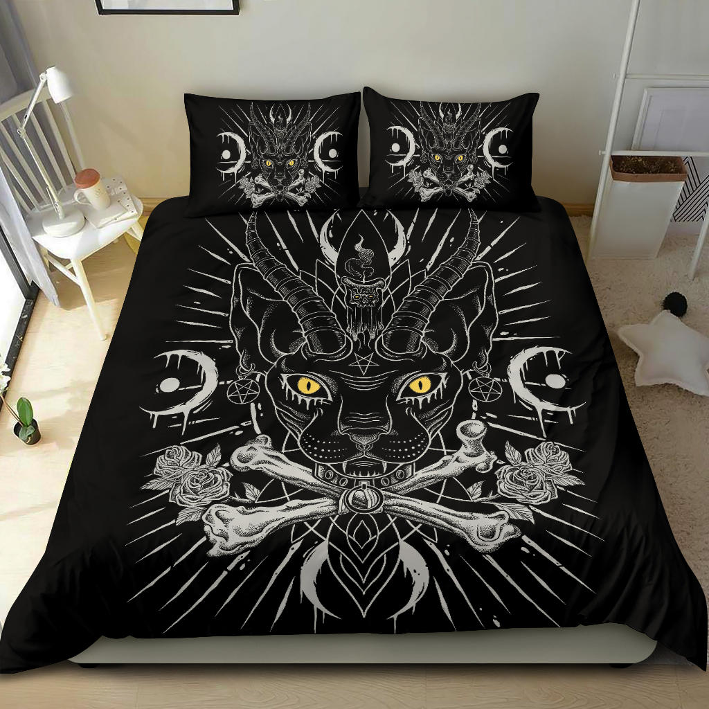 Skull Gothic Occult Black Cat Unique Sphinx Style Part 2-3 Piece Duvet Set Black Color Pentagram Version